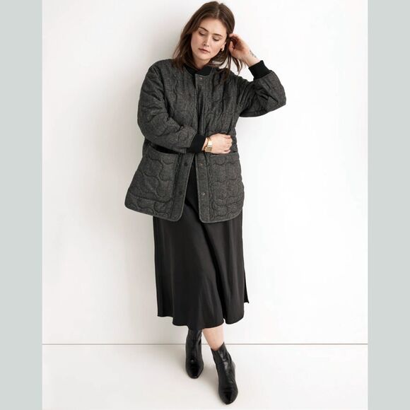 Madewell Quilted Oversized Bomber Jacket Women 3X Black Herringbone Wool N0317 - Picture 2 of 13